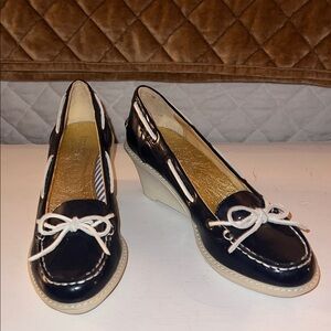Sperry Navy and White Wedge Loafers Preppy